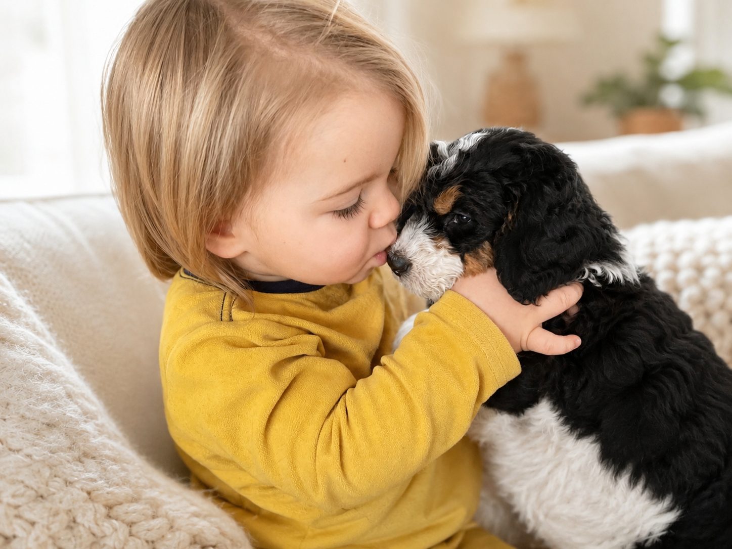 A toddler kissing a tricolor Bernedoodle puppy on the couch