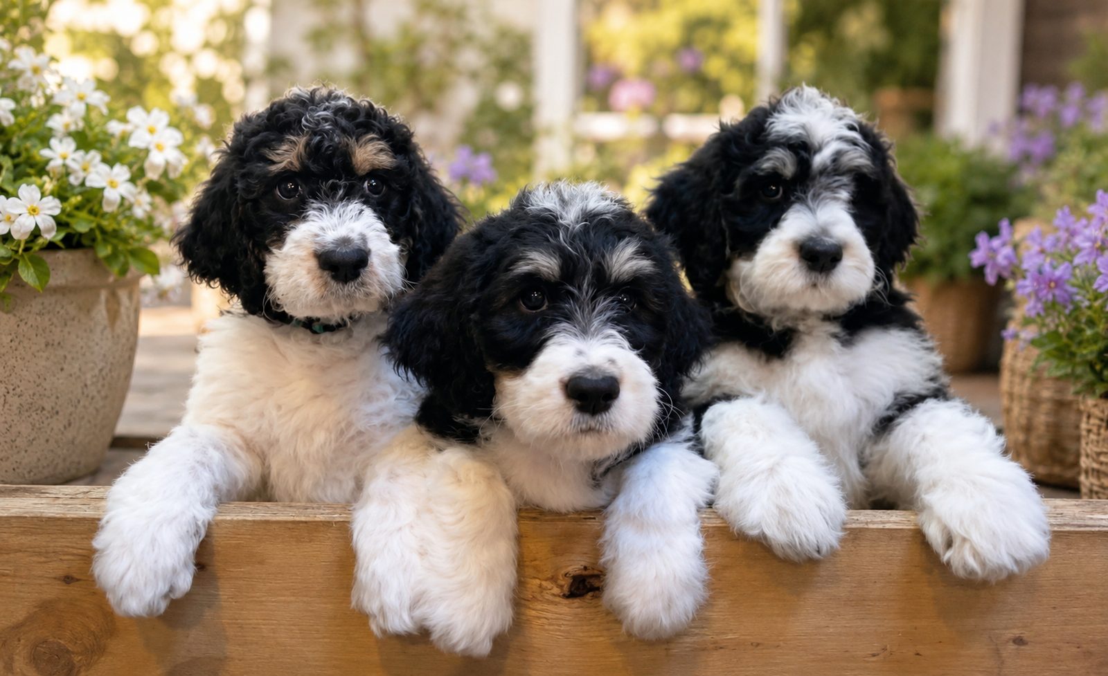 Three Bernedoodle puppies looking out over a flower box