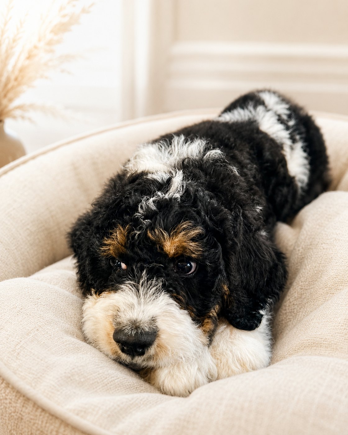 A tricolor Bernedoodle puppy curled up in a cream dog bed