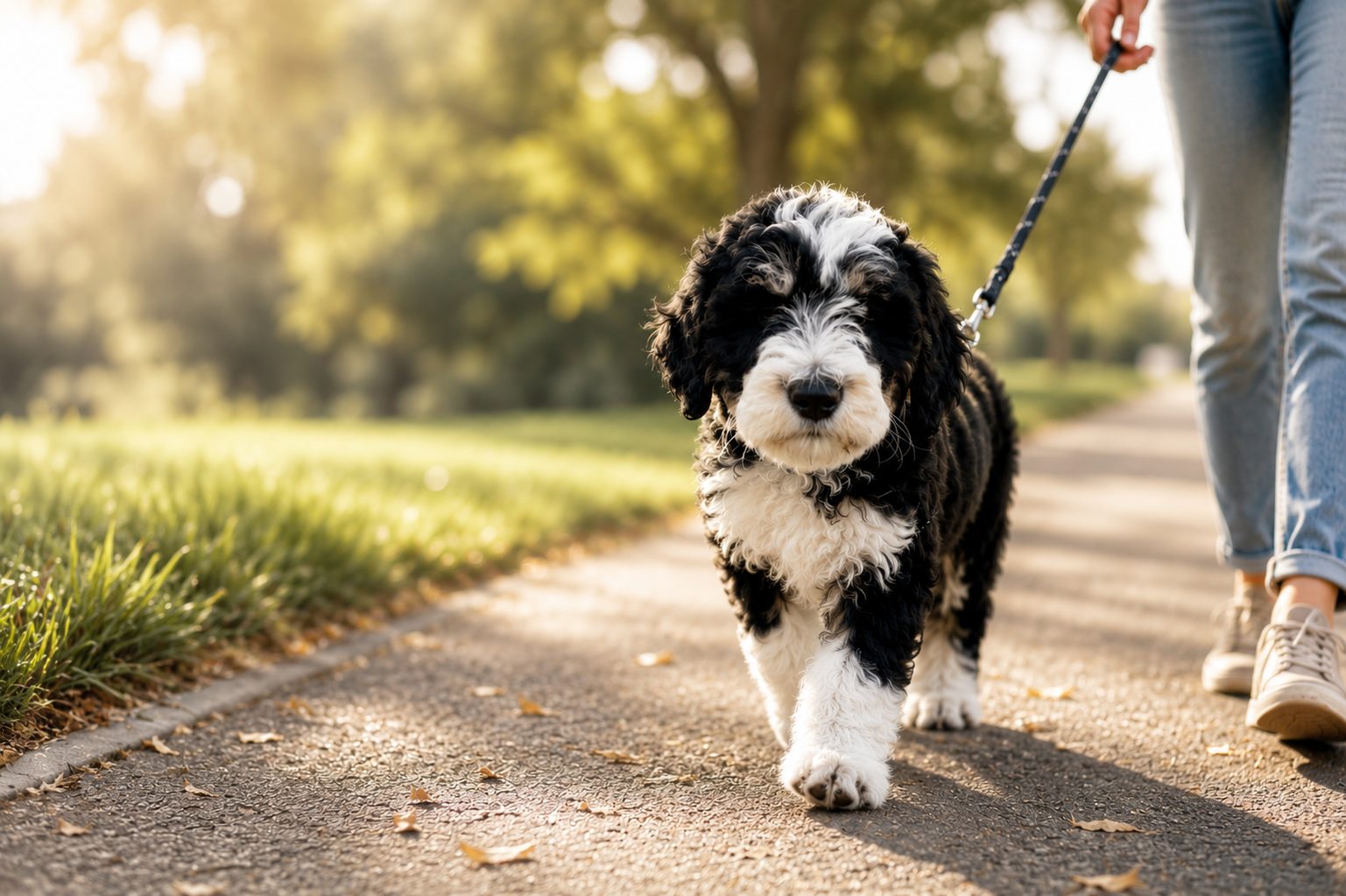 A Bernedoodle puppy walking on leash in the morning sun