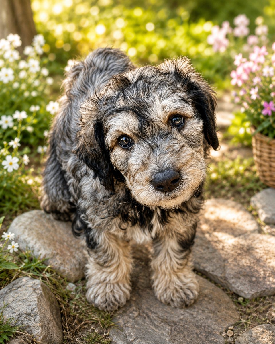 Bernedoodle puppy sitting among garden flowers