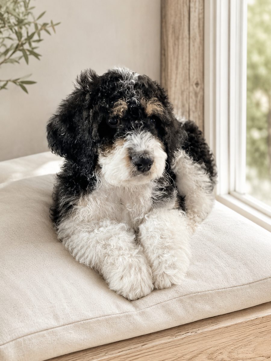 Bernedoodle puppy resting on a cushion by a window
