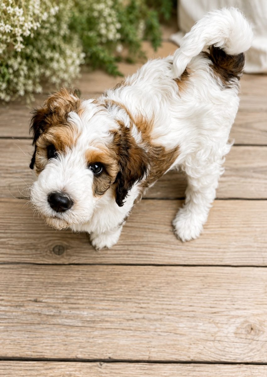 Bernedoodle puppy playing on a wooden deck