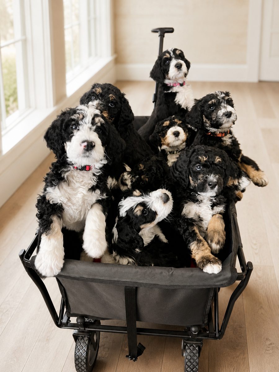 Bernedoodle puppies riding together in a wagon