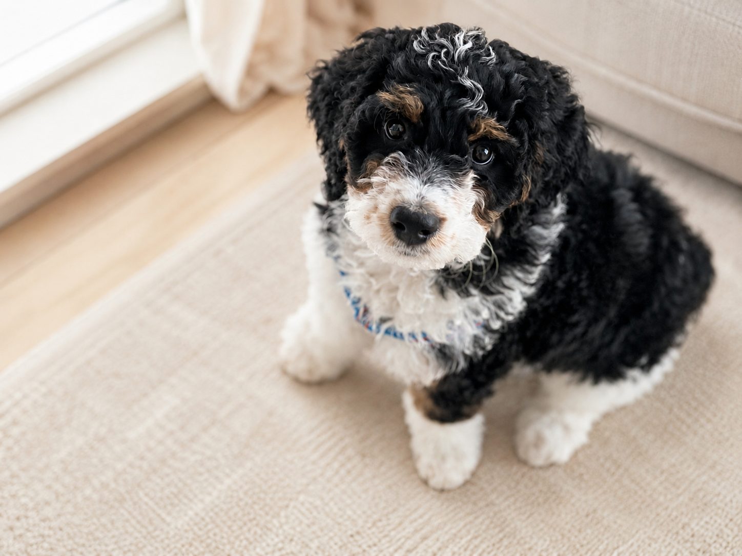 A tricolor Bernedoodle puppy sitting on a rug, looking up