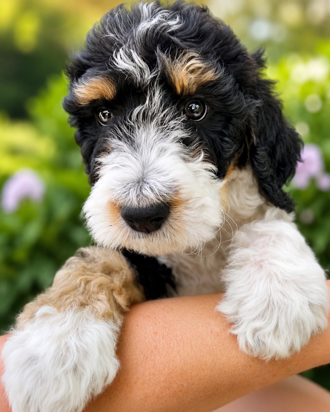 A tricolor Bernedoodle puppy being held in the garden