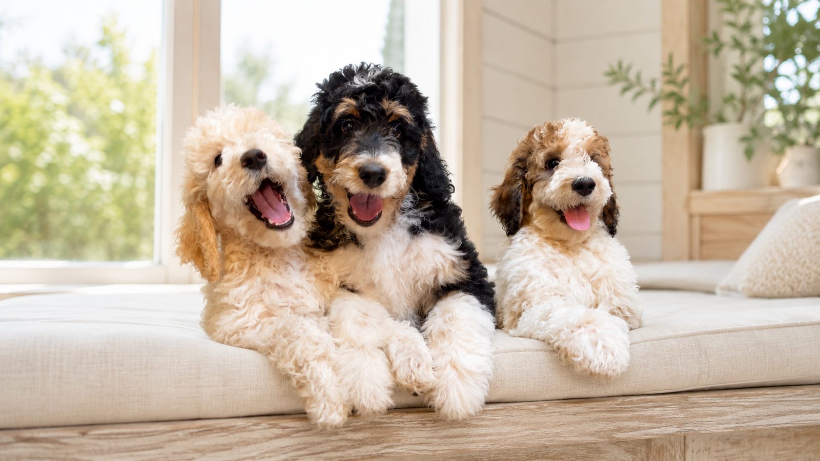 Three Bernedoodle puppies snuggled together on a couch