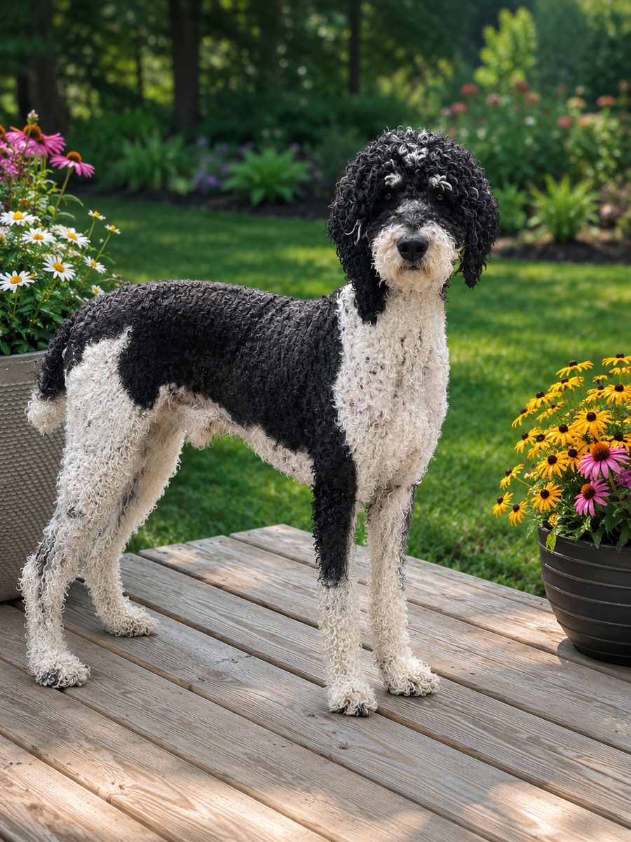 Levi, our Bernedoodle sire, standing on the deck