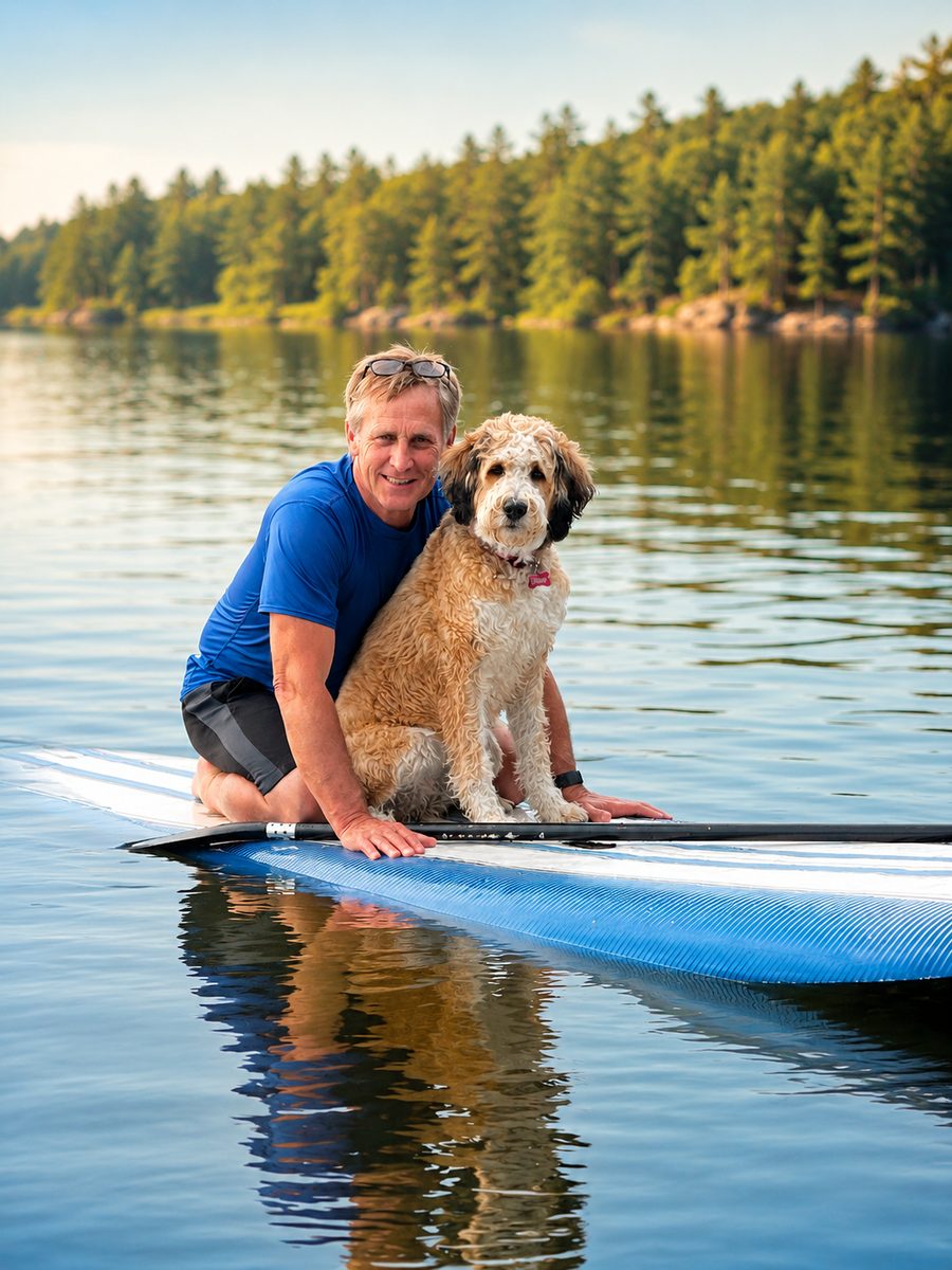 Mark with Willow on a paddleboard