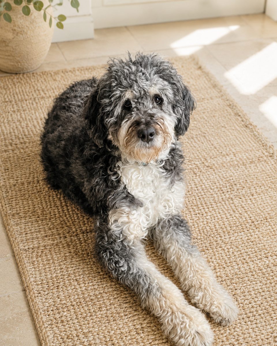Mocha, our Bernedoodle dam, resting on a rug