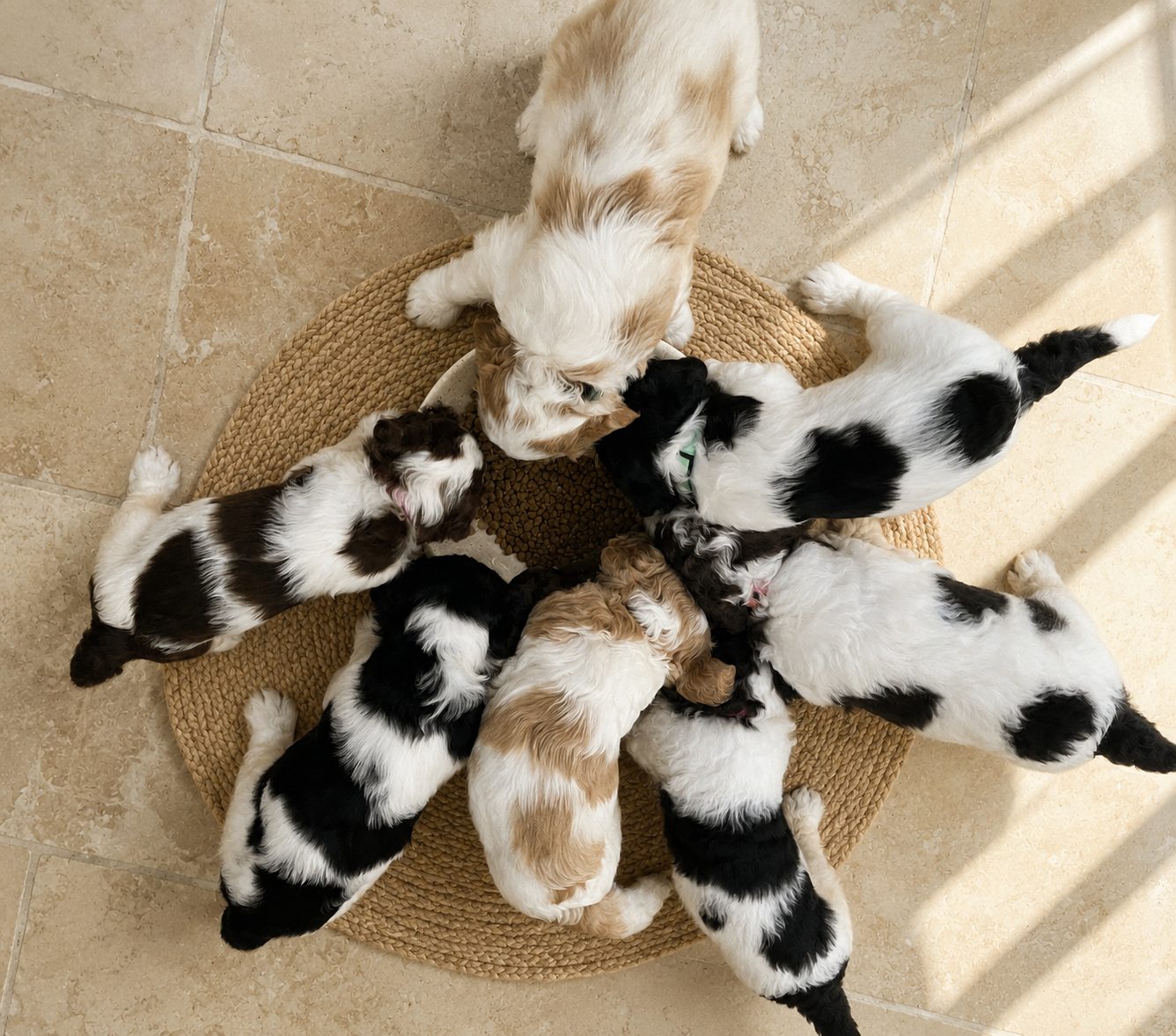 A pile of Bernedoodle puppies napping together on a round bed