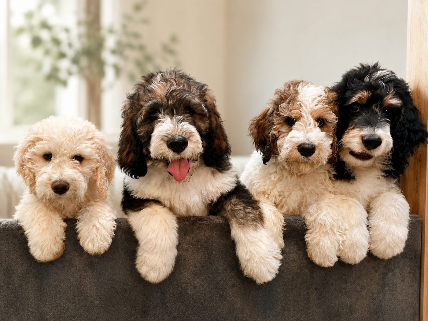 Four Bernedoodle puppies lined up with their paws over a couch