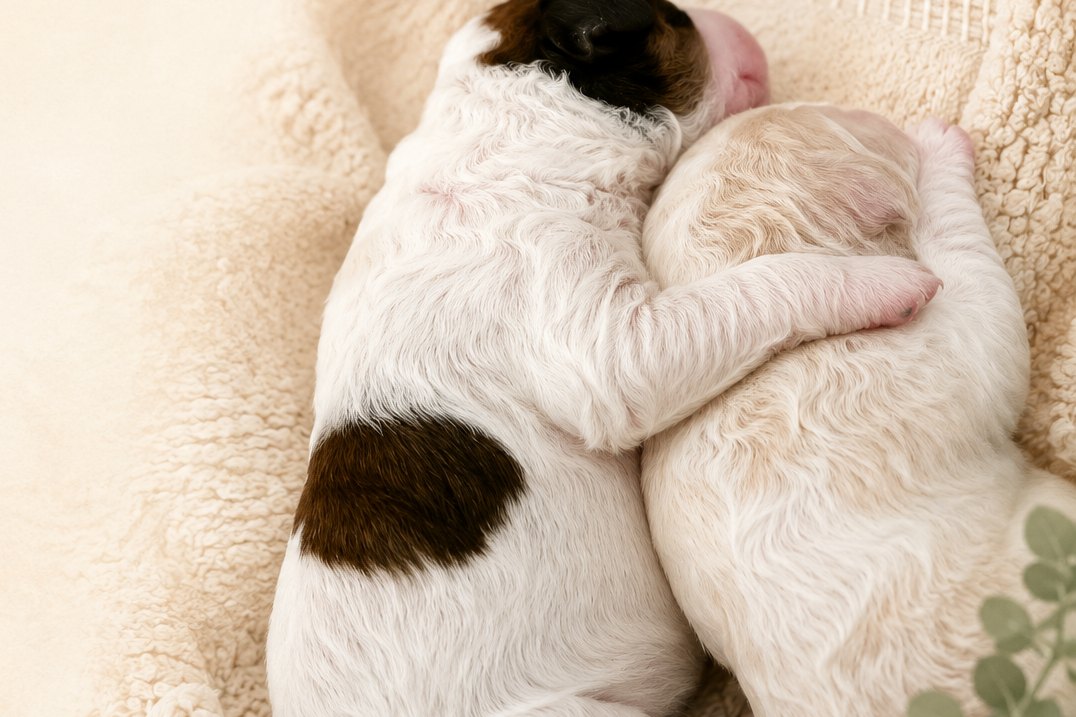 Three Bernedoodle puppies snuggled together on a couch