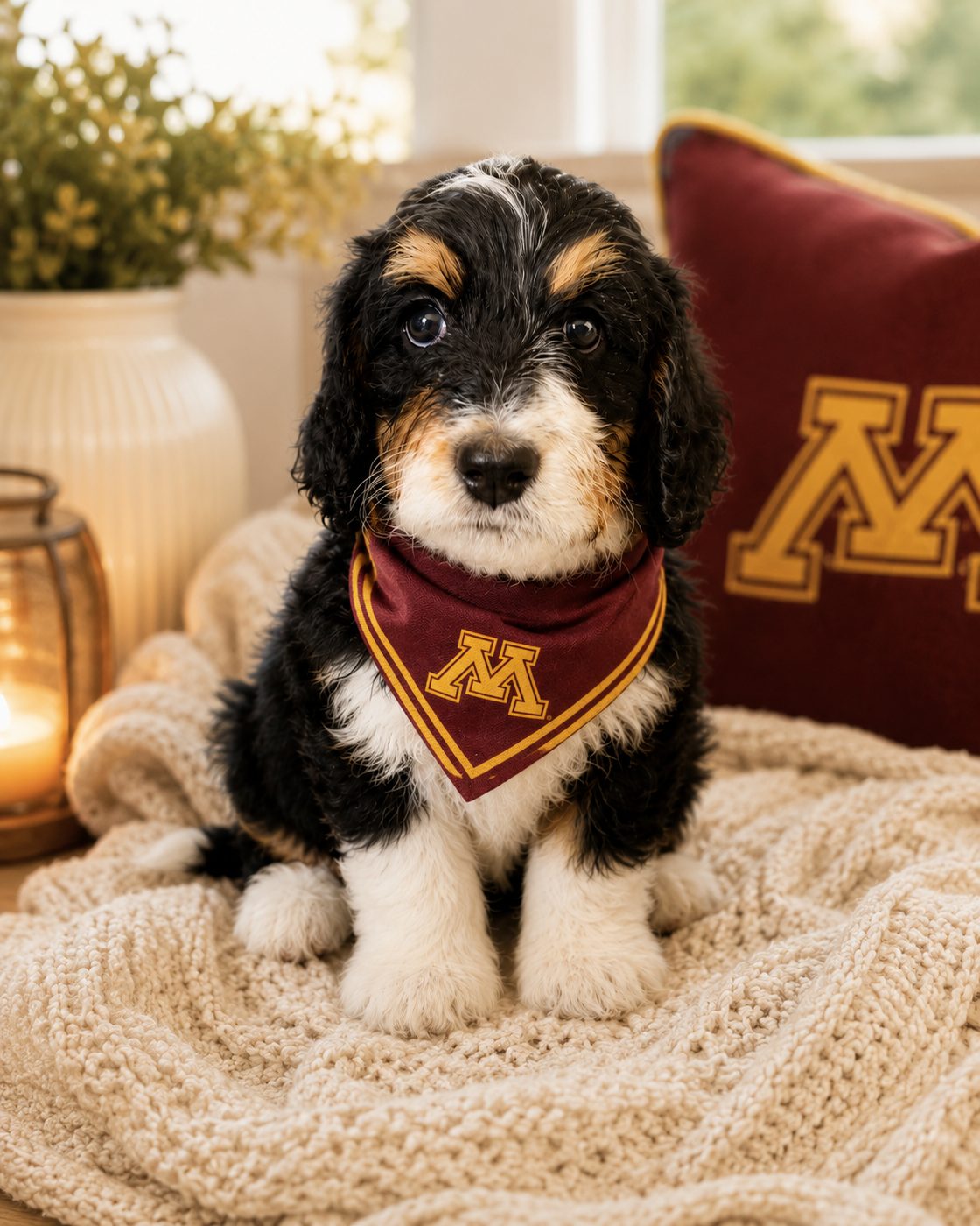 A Bernedoodle puppy in a maroon and gold Minnesota bandana