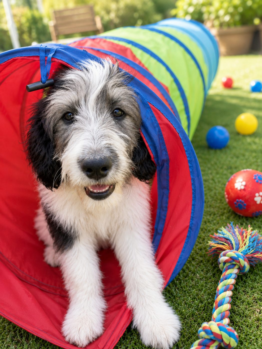 A Bernedoodle puppy playing in a colourful tunnel in the yard