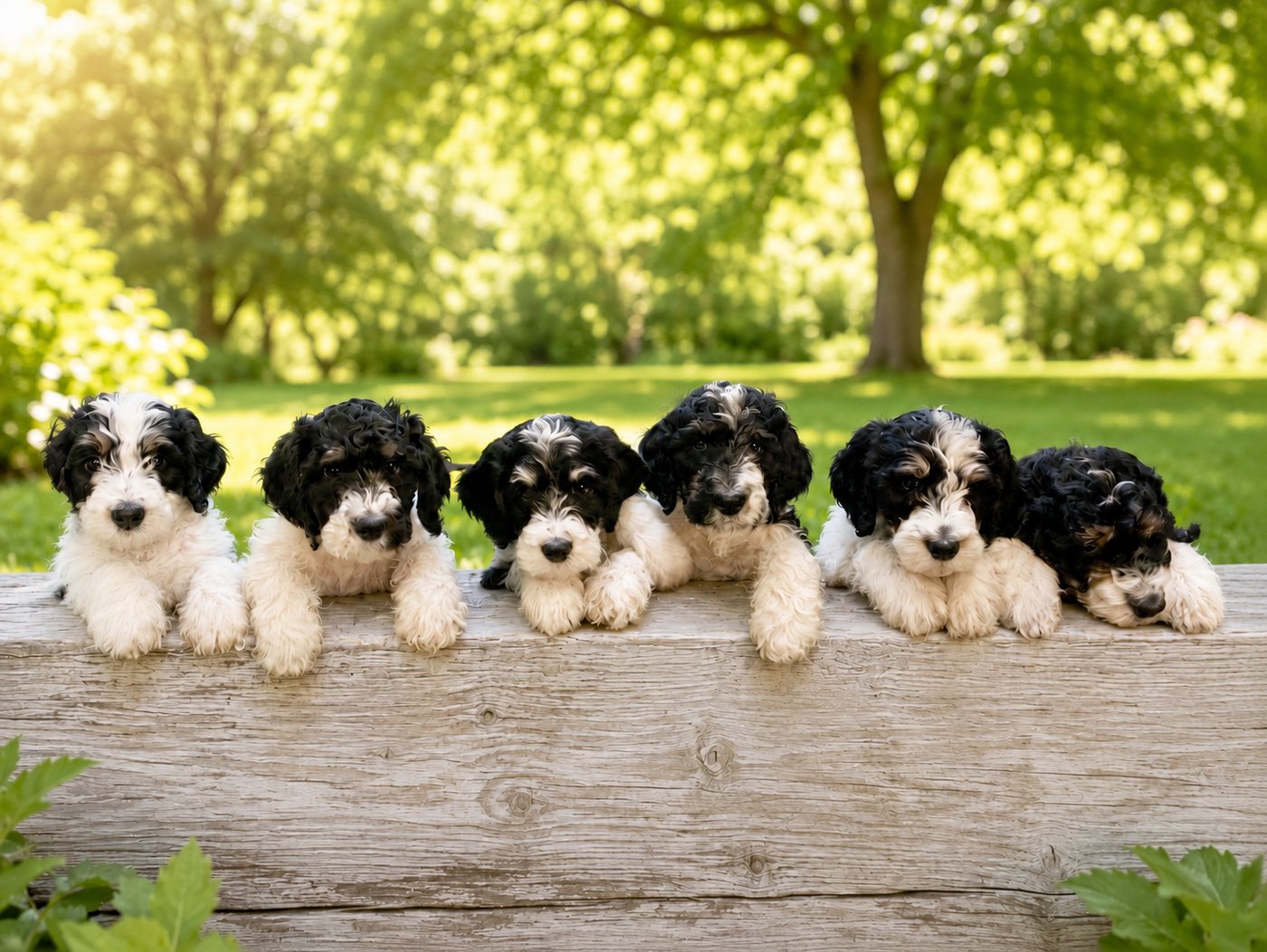 A wagon full of Bernedoodle puppies by the window