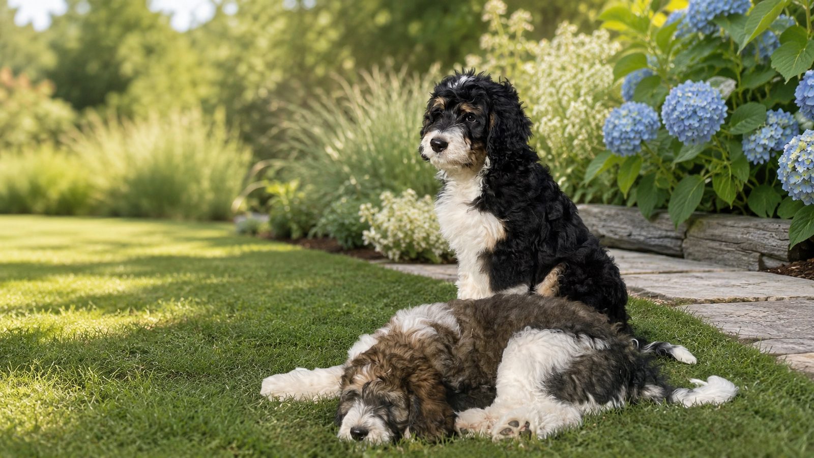 M&M Doodles Bernedoodles resting in the garden