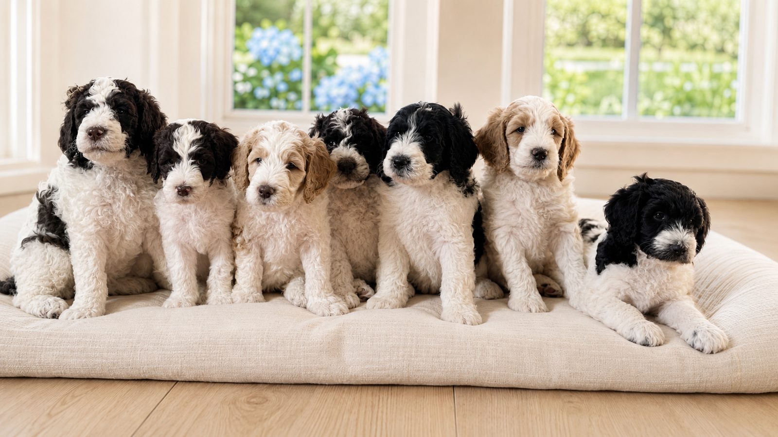 A lineup of M&M Doodles Bernedoodle puppies on a couch