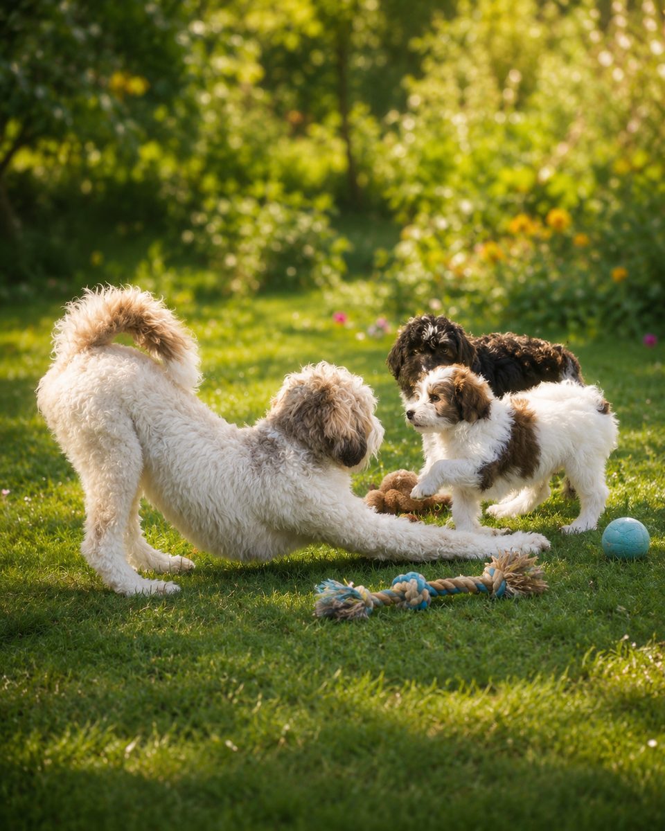 A Bernedoodle playing with favorite toys in the grass
