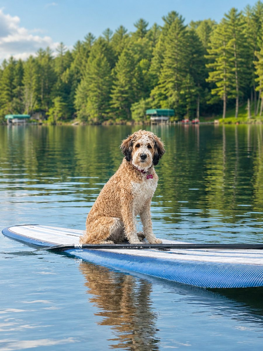 Willow, our Bernedoodle dam, sitting on a paddleboard