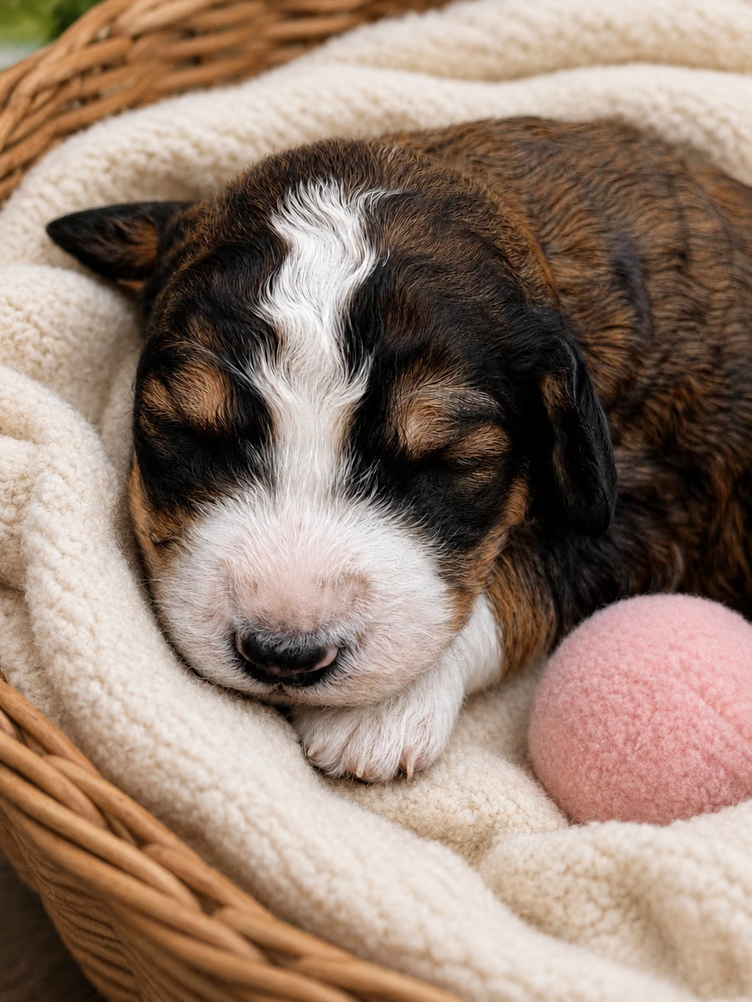 Aurora, a Written in the Stars Bernedoodle puppy, asleep in a basket