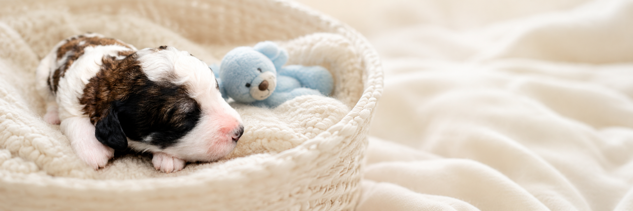 A Written in the Stars Bernedoodle puppy asleep in a basket with a small blue bear