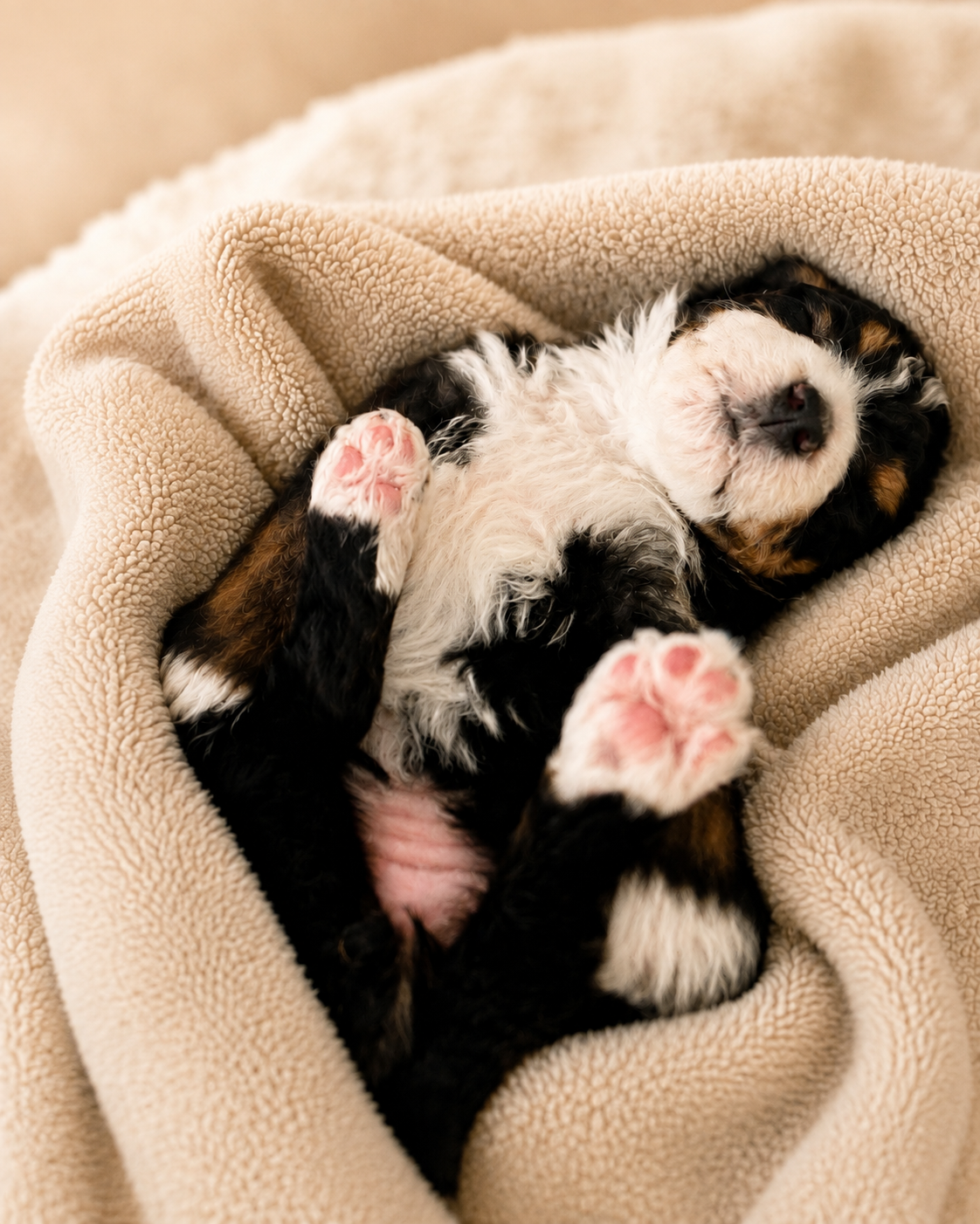 Newborn Bernedoodle puppy asleep in a soft blanket