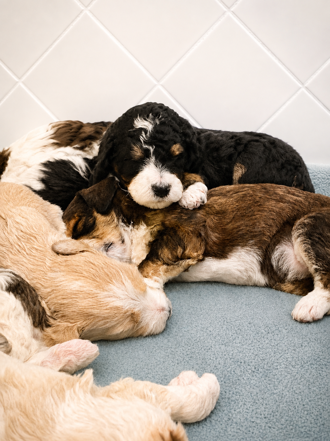 Pile of Bernedoodle puppies sleeping together on a dog bed