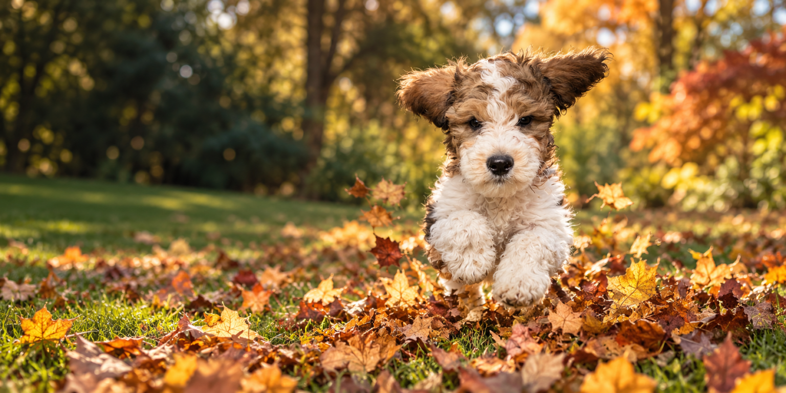 A Bernedoodle puppy running through fall leaves at M&M Doodles